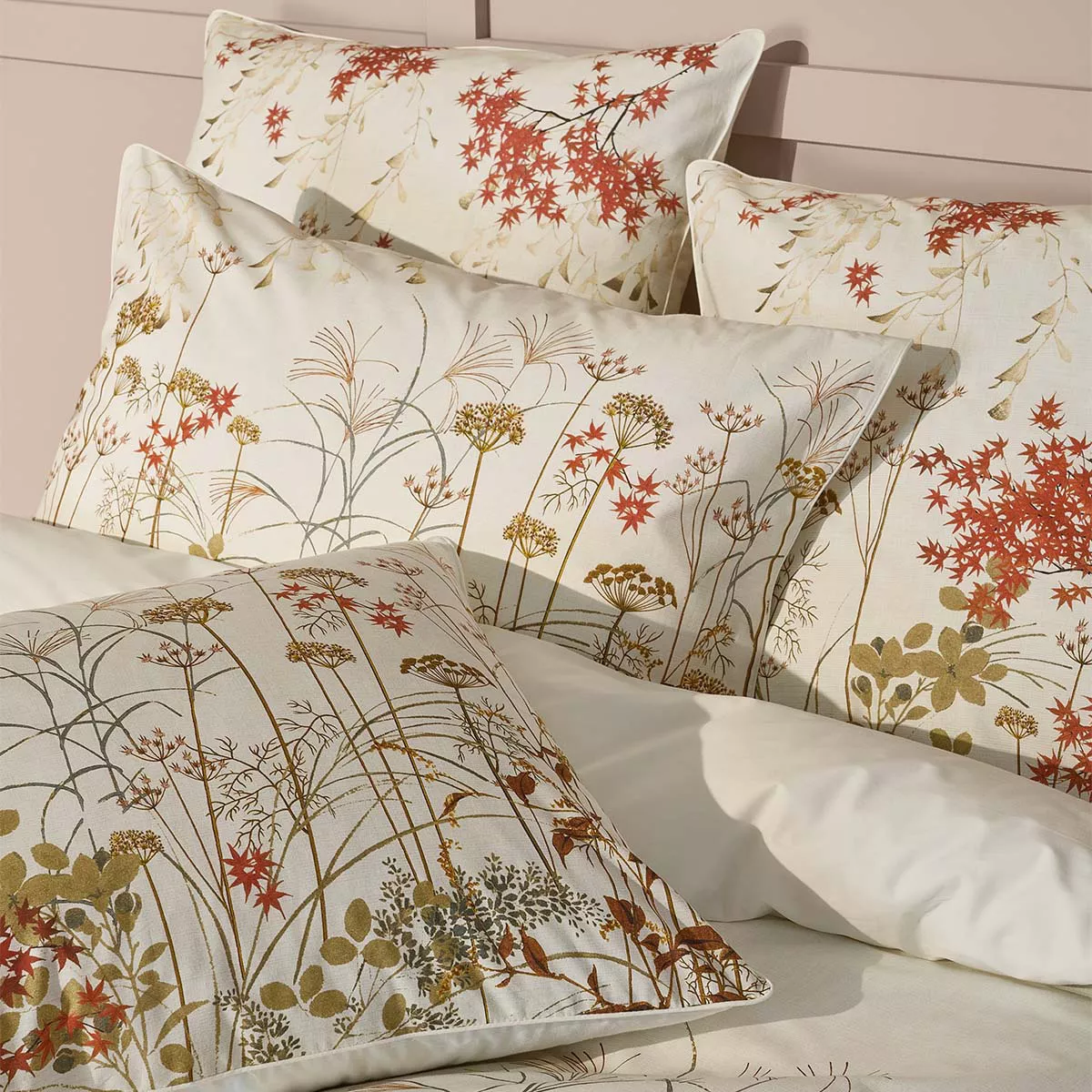 2 pillowcases cotton percale printed beige orange Erables automne