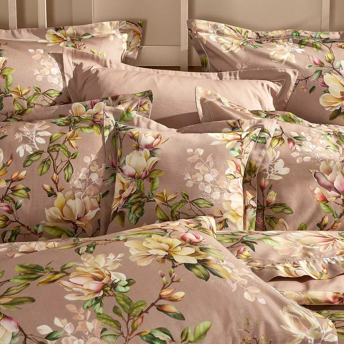 Pillowcase cotton sateen printed pink Magnolias rose fume
