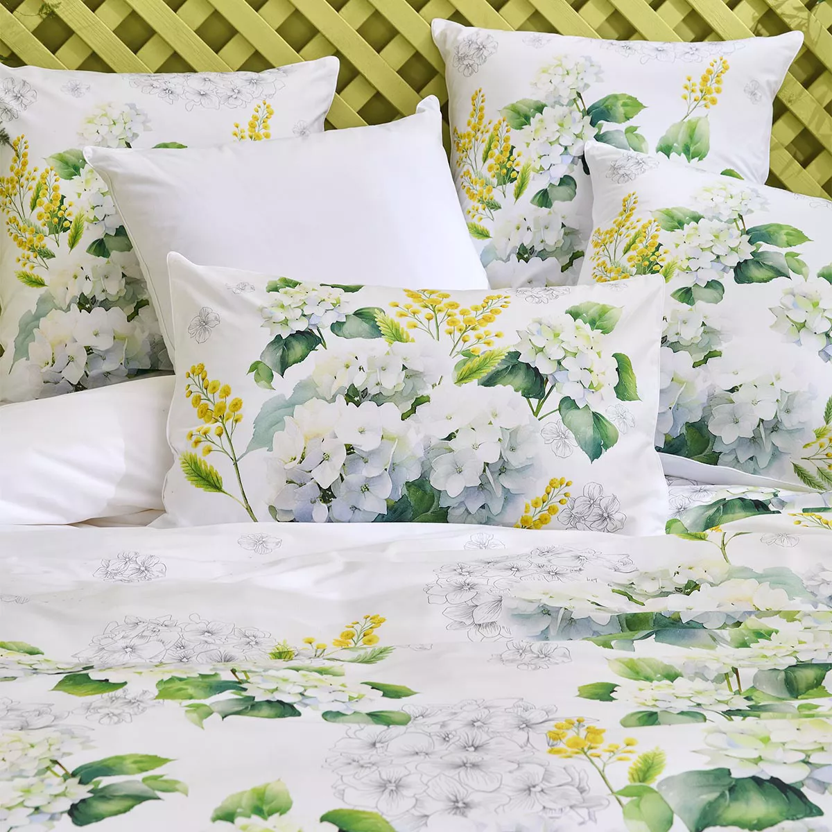 2 pillowcases cotton percale 115 gsm printed white yellow Annabelle mimosa