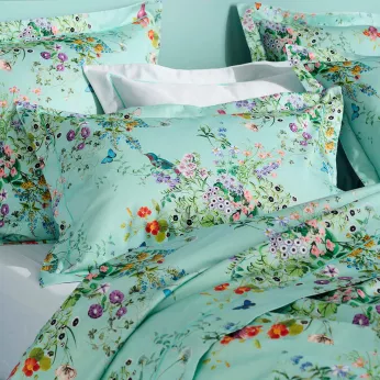 Pillowcase cotton sateen 115 gsm printed blue green Le printemps azur