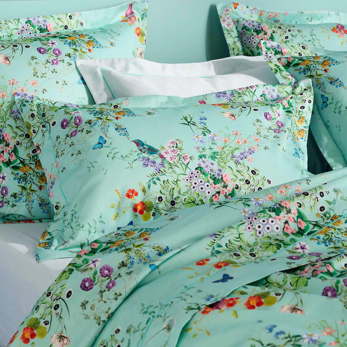 Pillowcase cotton sateen 115 gsm printed green blue Le printemps azur