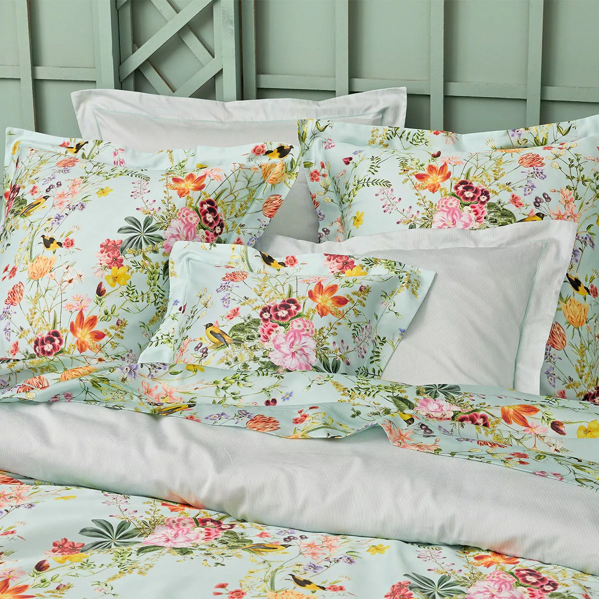 Pillowcase cotton sateen printed multicolor Primavera vert d'eau