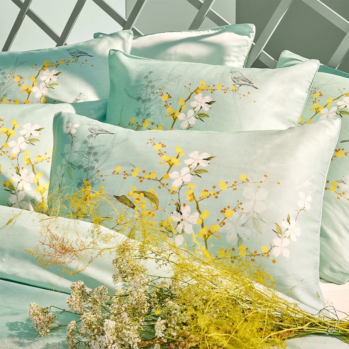 Pillowcase cotton sateen printed blue Mimosas d'ete turquoise
