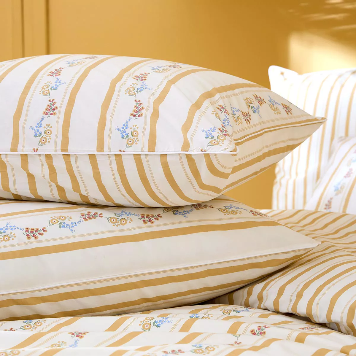 2 pillowcases cotton percale prewashed stripes yellow beige Honfleur paille