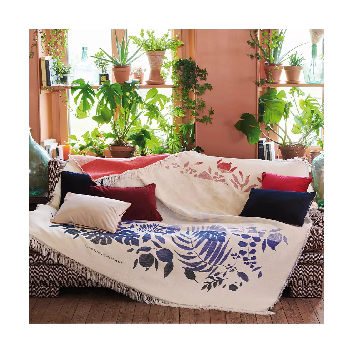 Jete de canape 100% cotton jacquard pattern blue red Tangerine pampa