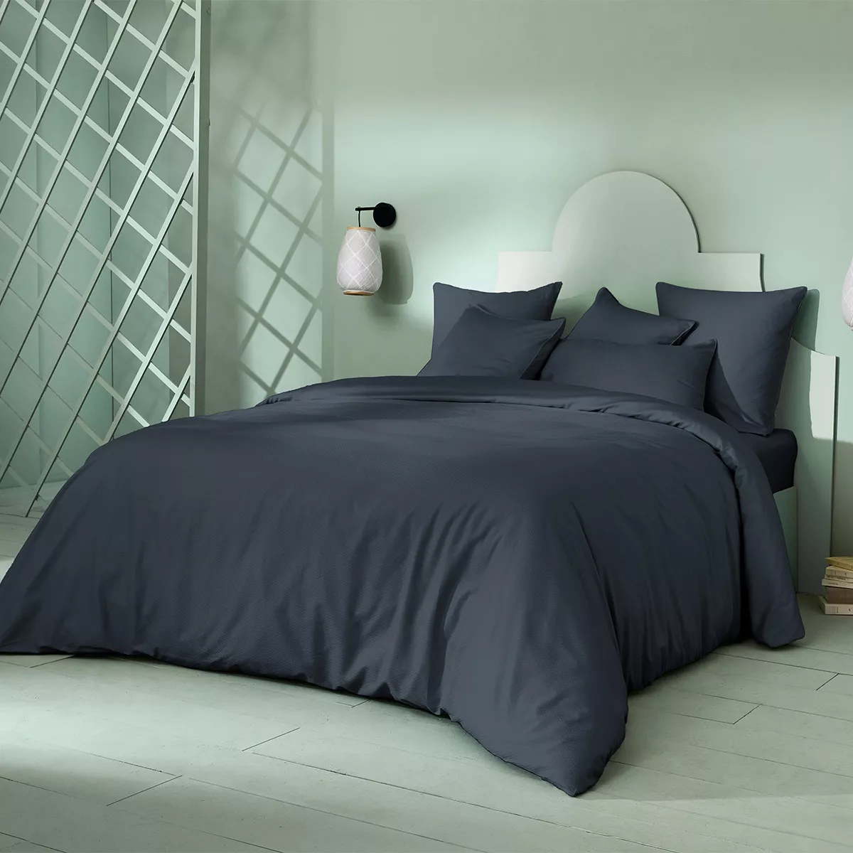 Duvet cover cotton sateen jacquard pattern blue Vibrato bleu nuit