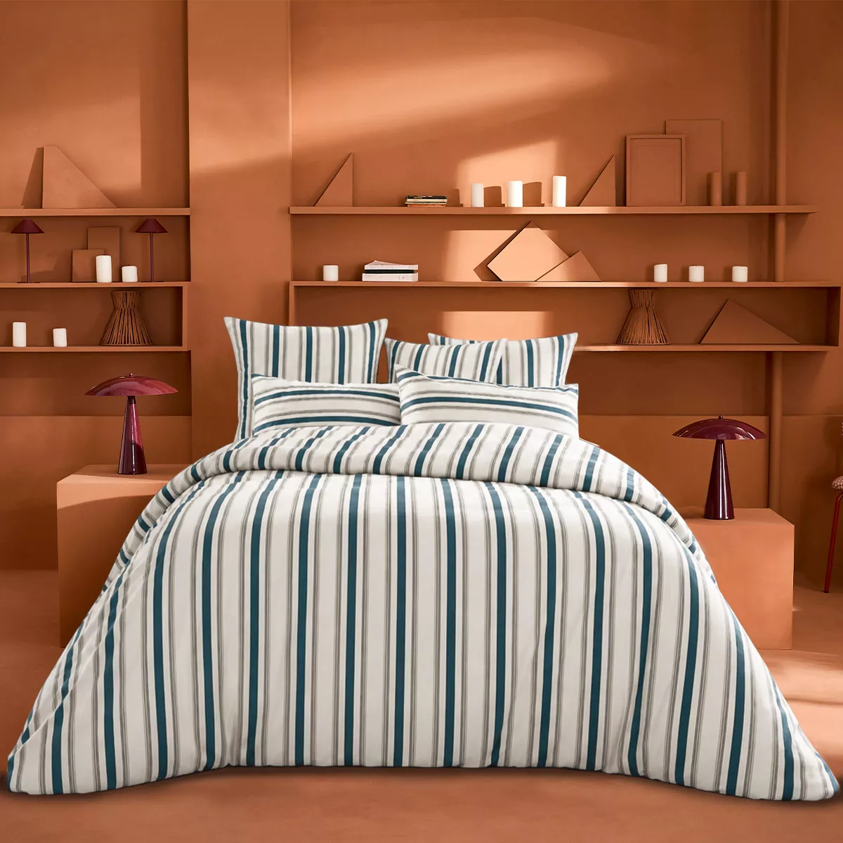 Duvet cover + pillowcases cotton sateen printed beige navy blue Etretat marine