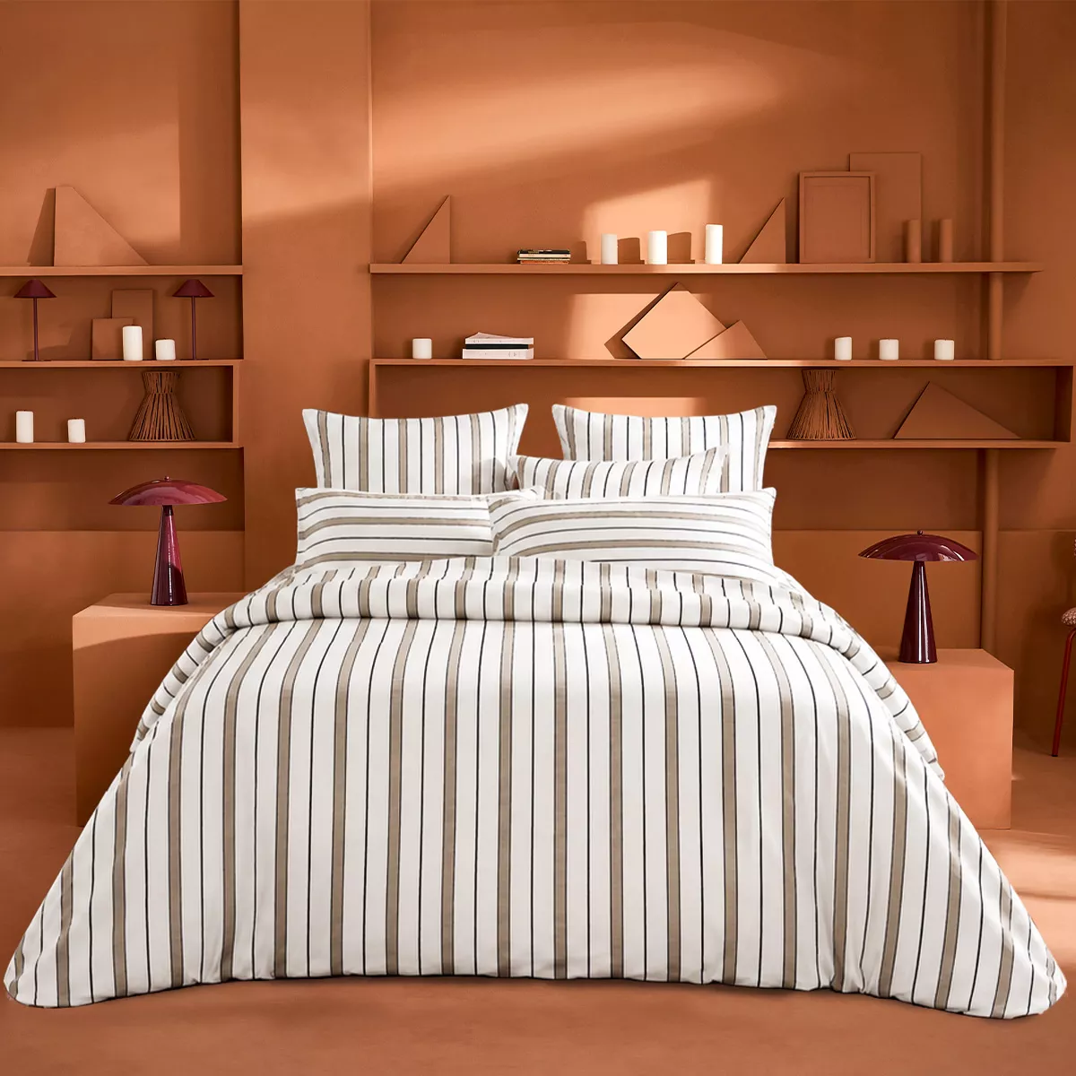 Duvet cover + pillowcases cotton sateen printed white beige Martigues sable