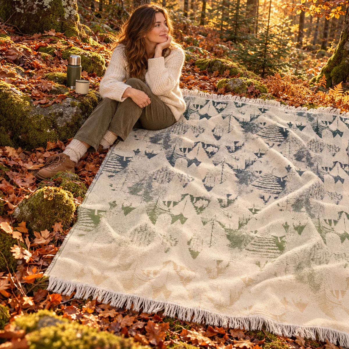 Jete de canape 100% cotton 420 gsm jacquard pattern green nude Foret de neige sapin